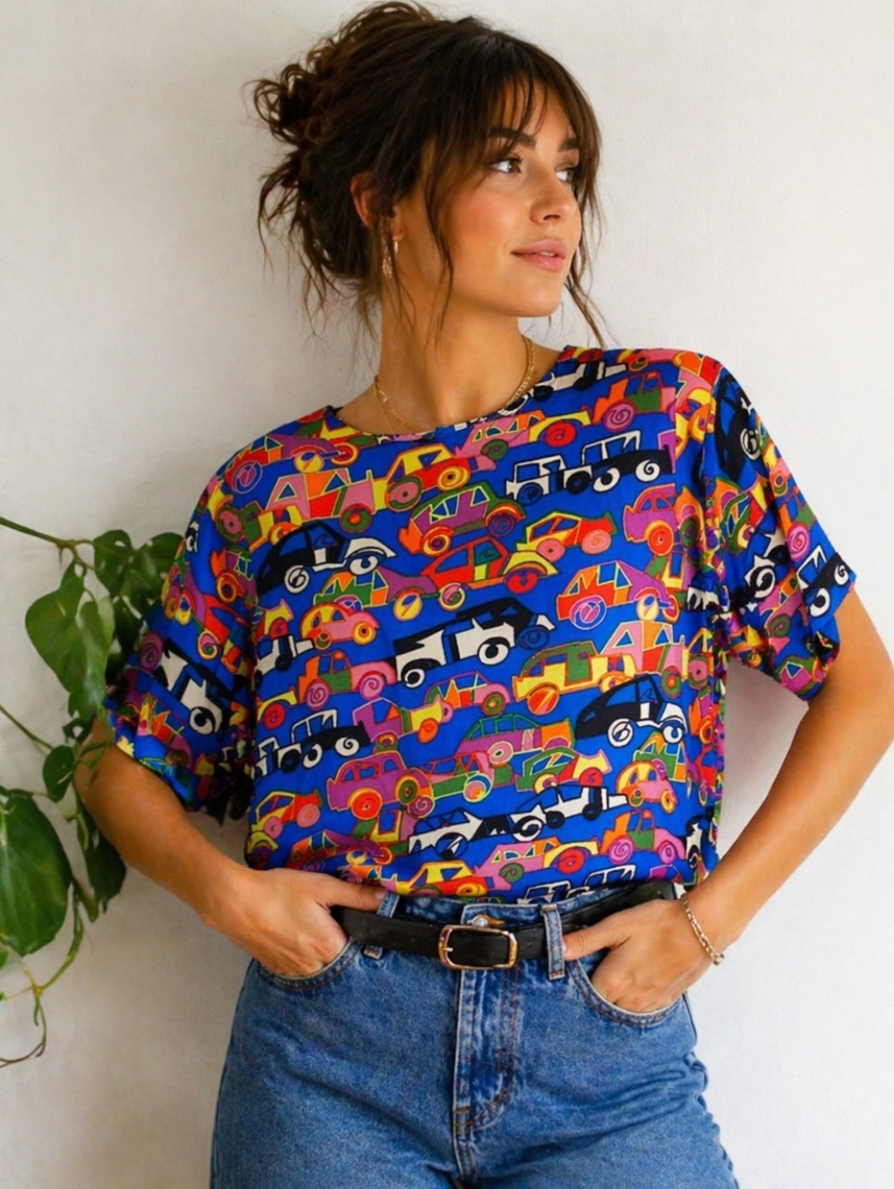Vintage Doncaster 100% Silk Blouse Sz 12 Car Print 90s Novelty Whimsical Playful